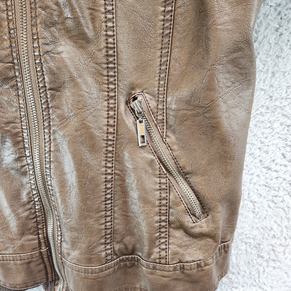 LA Coalition Faux Leather Jacket Women's M Brown Lined Long Sleeve Hood Full Zip - Picture 5 of 14